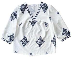 Elings Boho White & Blue Geometric Print Bracelet Sleeve V-Neck Blouse Small
